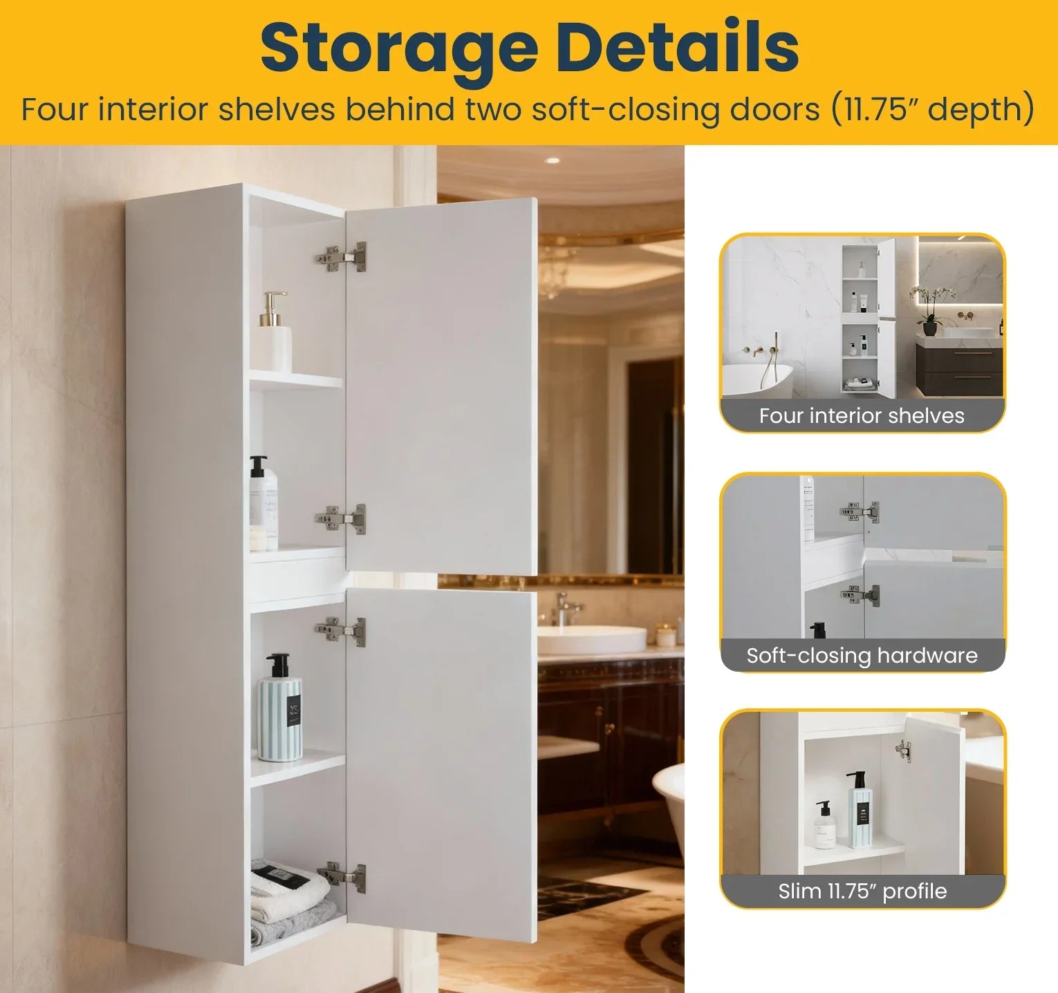 Bathroom Wall Hung Linen Cabinet - White High Gloss Capri