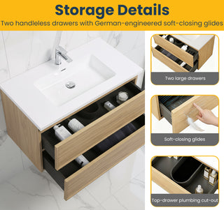 Meuble-Lavabo Mural 36po Noyer Couchant avec Comptoir de Polymarbre Blanc