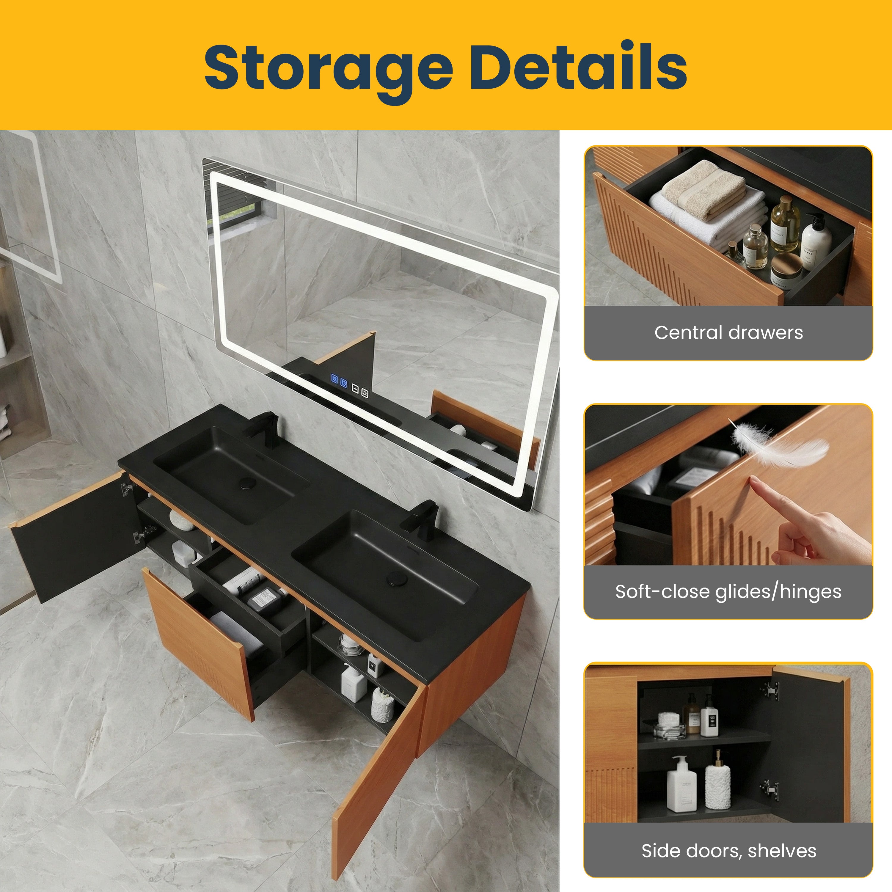 60" Light Oak Wall-Mounted Double Sink Bathroom Vanity with Black Engineered Quartz Countertop