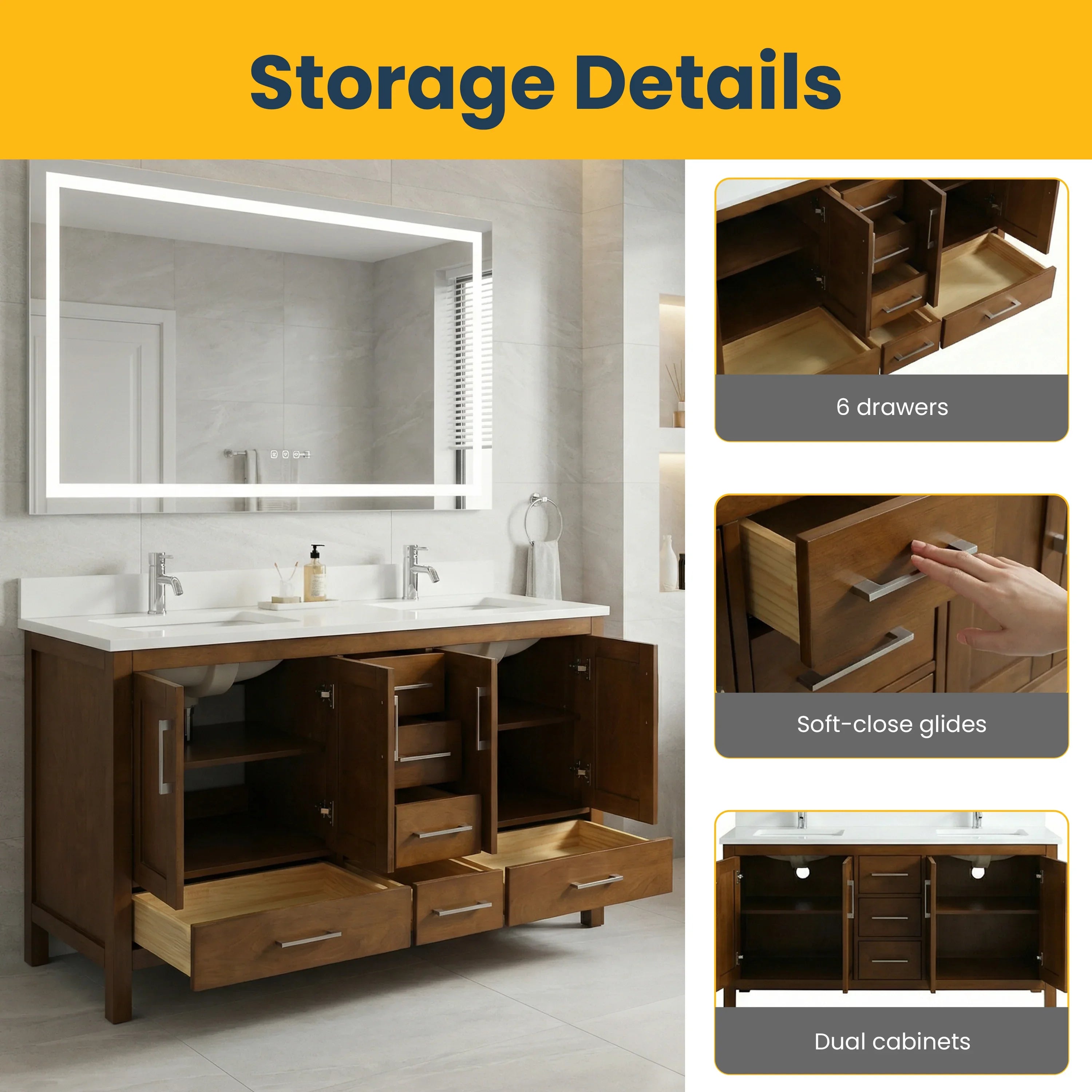 60" Walnut Freestanding Double Sink Bathroom Vanity with Engineered White Marble Countertop