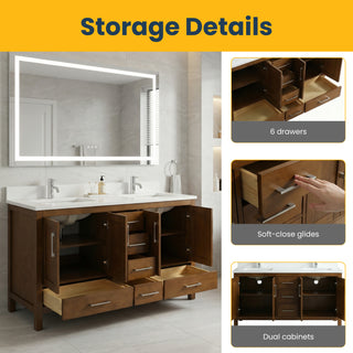 Meuble-lavabo double sur pied en noyer de 60 po avec comptoir en marbre blanc reconstitué