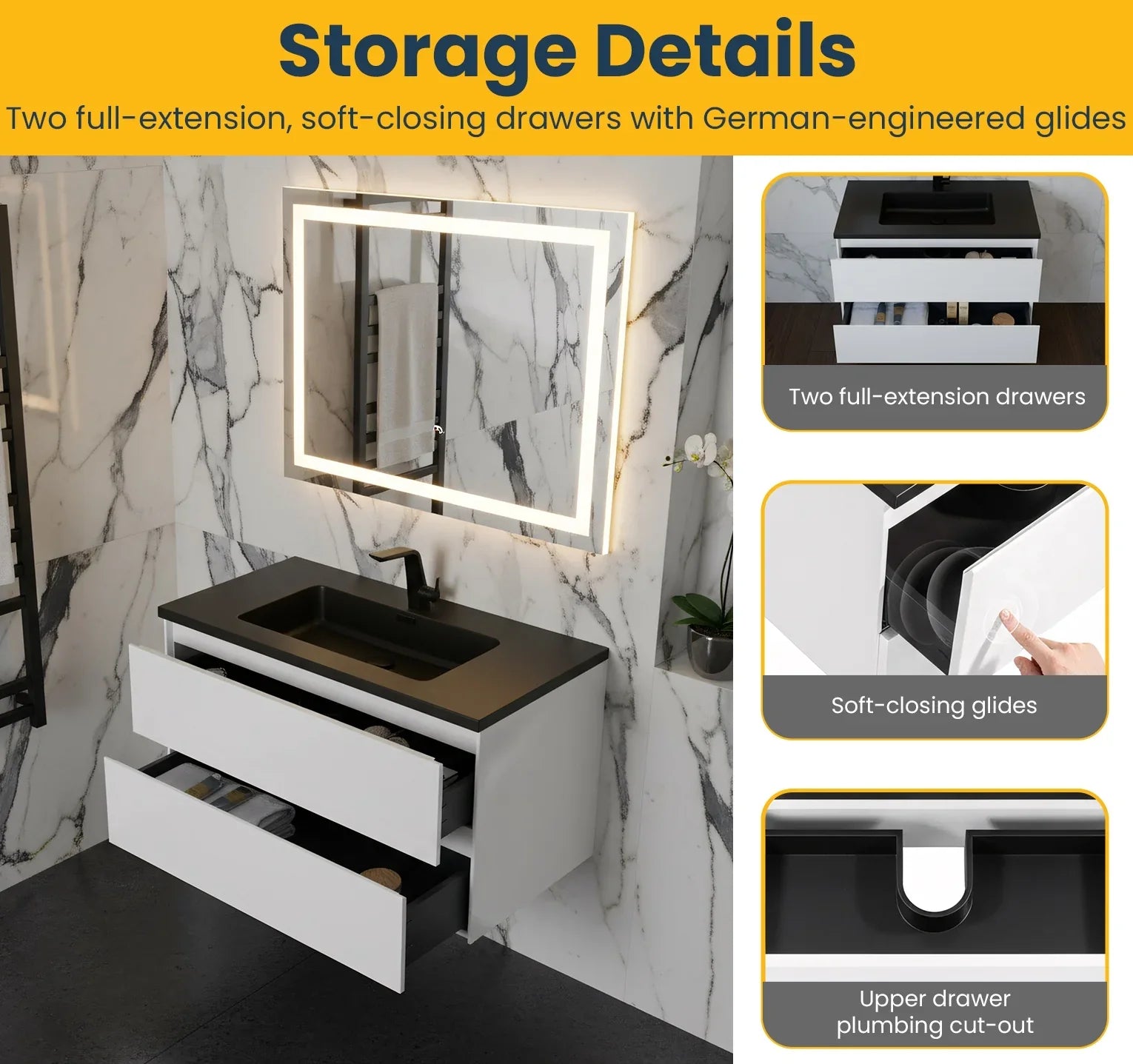 36" White Wall Mount Bathroom Vanity with Black Engineered Quartz Countertop