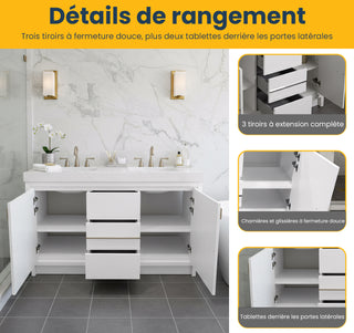 Meuble-Lavabo Autoportant 60po Blanc Brillant avec Comptoir de Polymarbre Blanc 
