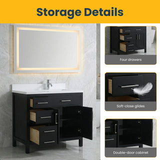 36" Black Freestanding Bathroom Vanity with Engineered White Marble Countertop