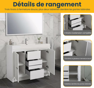 48" Glossy White Freestanding Single Sink Bathroom Vanity with White Polymarble Countertop