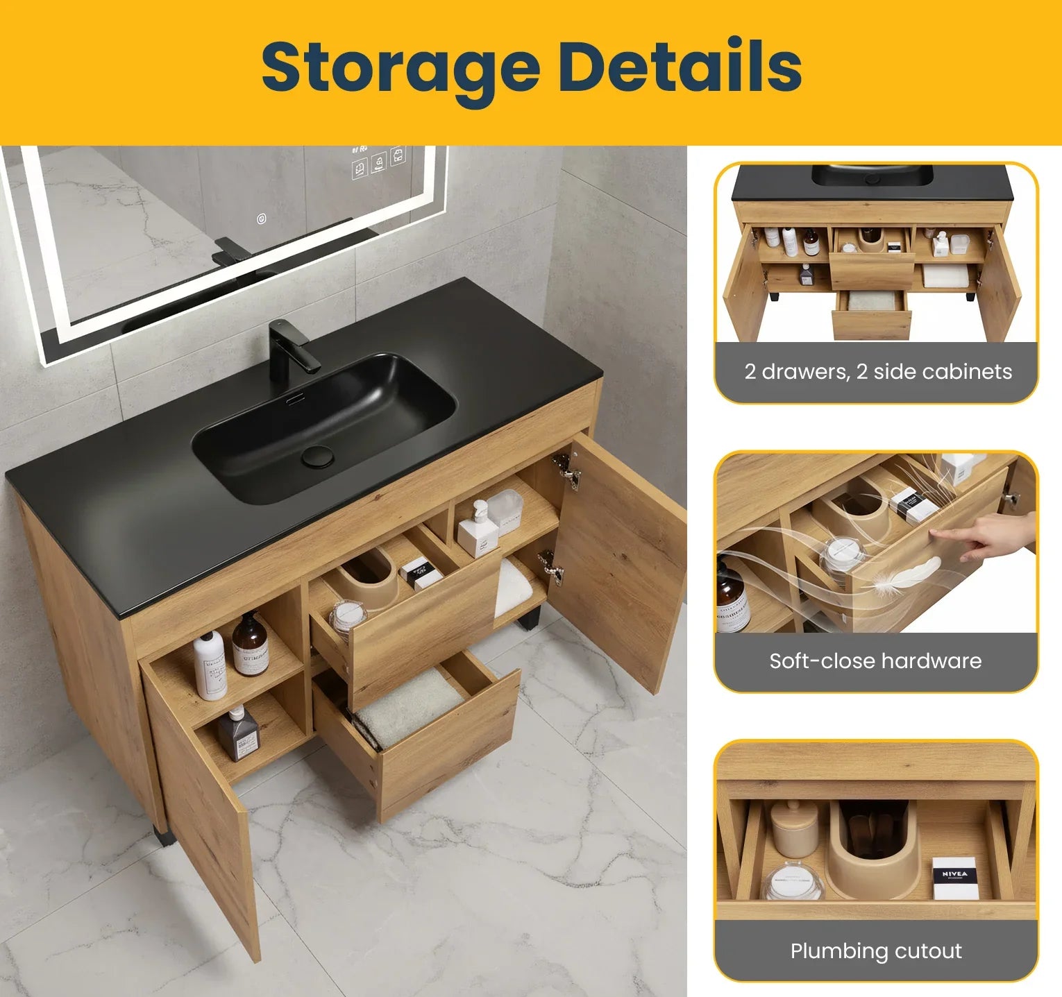 48" Frosted Oak Freestanding Single Sink Bathroom Vanity with Black Ceramic Countetop