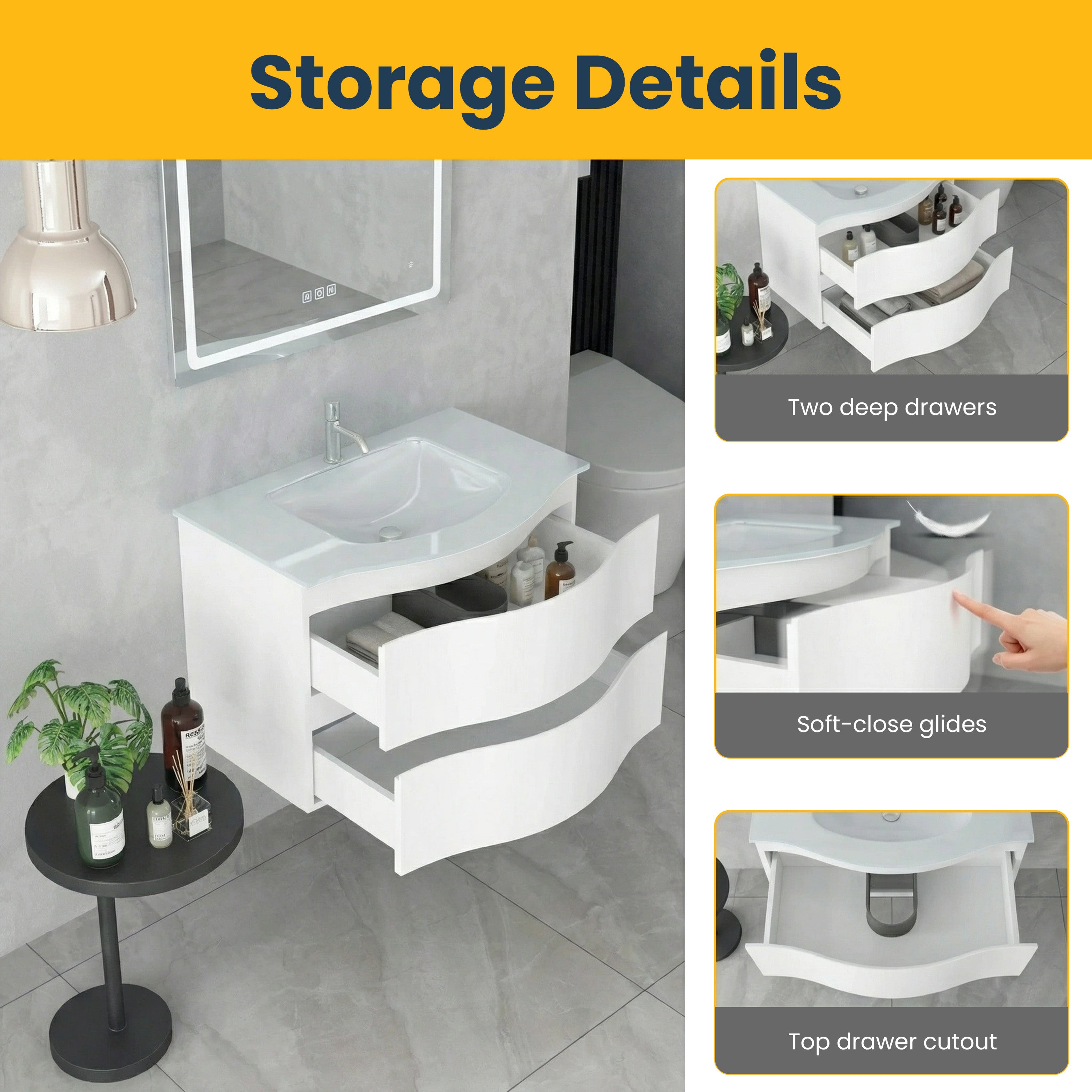 30" Matte White Wall Mount Single Sink Bathroom Vanity with White Glass Countertop