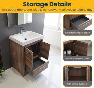 24" Walnut Freestanding Bathroom Vanity with White Polymarble Countertop