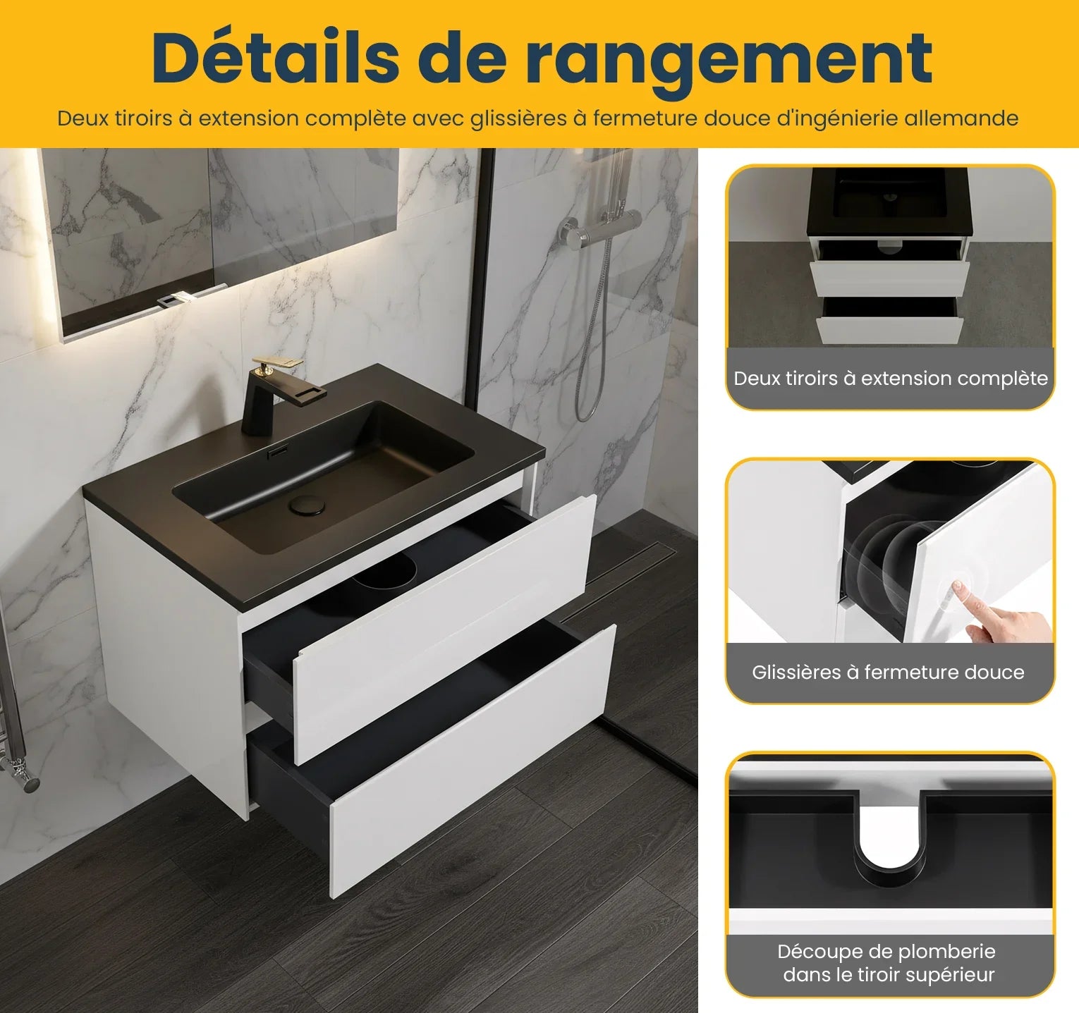 30" White Wall Mount Bathroom Vanity with Black Engineered Quartz Countertop