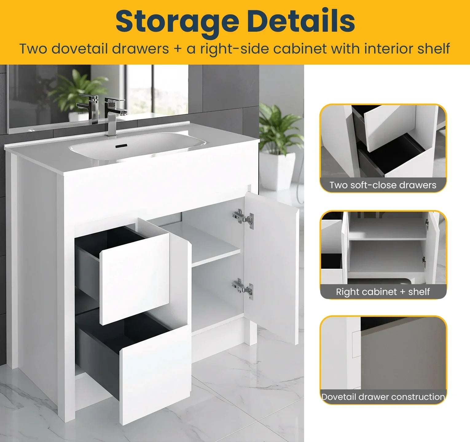 40" Matte White Freestanding Single Sink Bathroom Vanity with White Ceramic Countertop