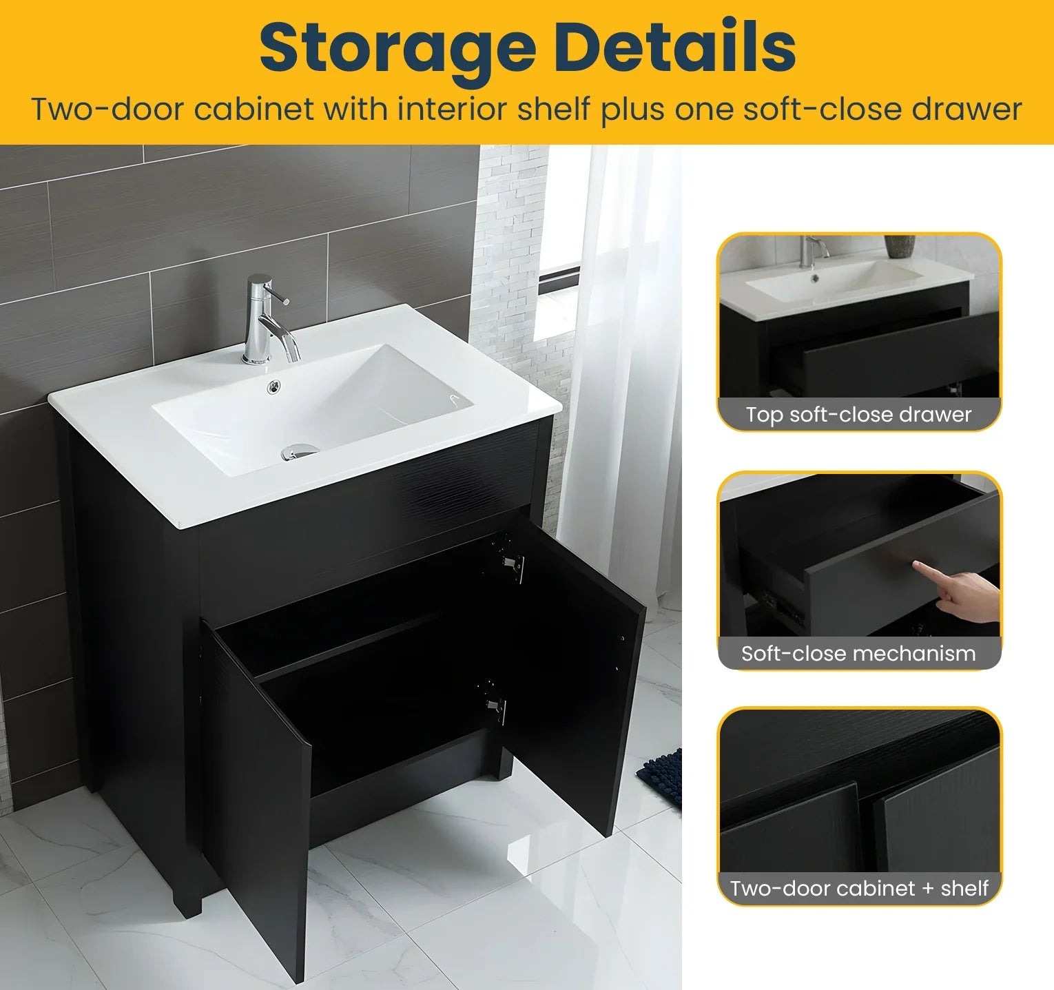 30" Dark Brown Oak Freestanding Bathroom Vanity with White Ceramic Countertop