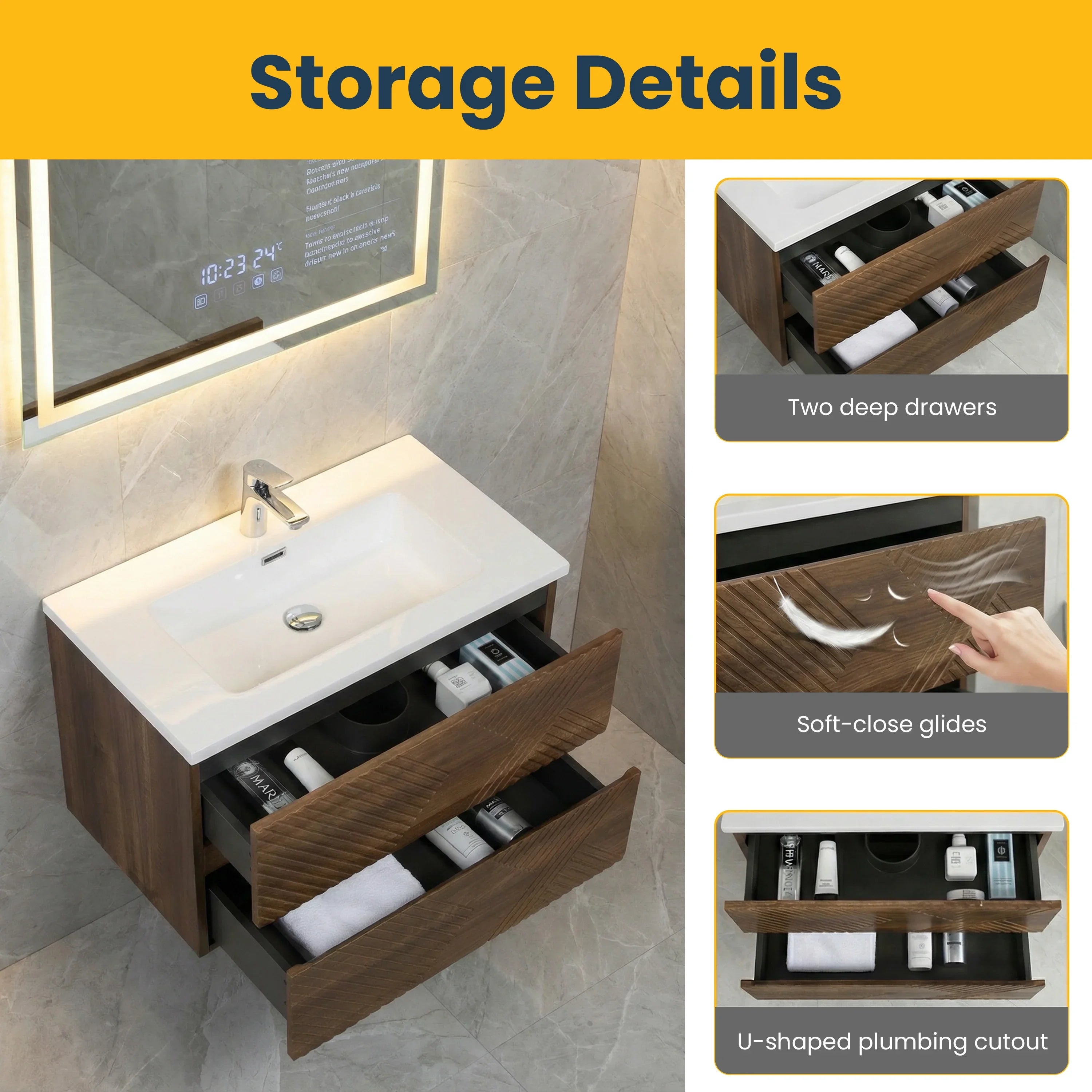 30" Walnut Wall Mount Single Sink Bathroom Vanity with White Polymarble Countertop