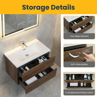 30" Walnut Wall Mount Single Sink Bathroom Vanity with White Polymarble Countertop