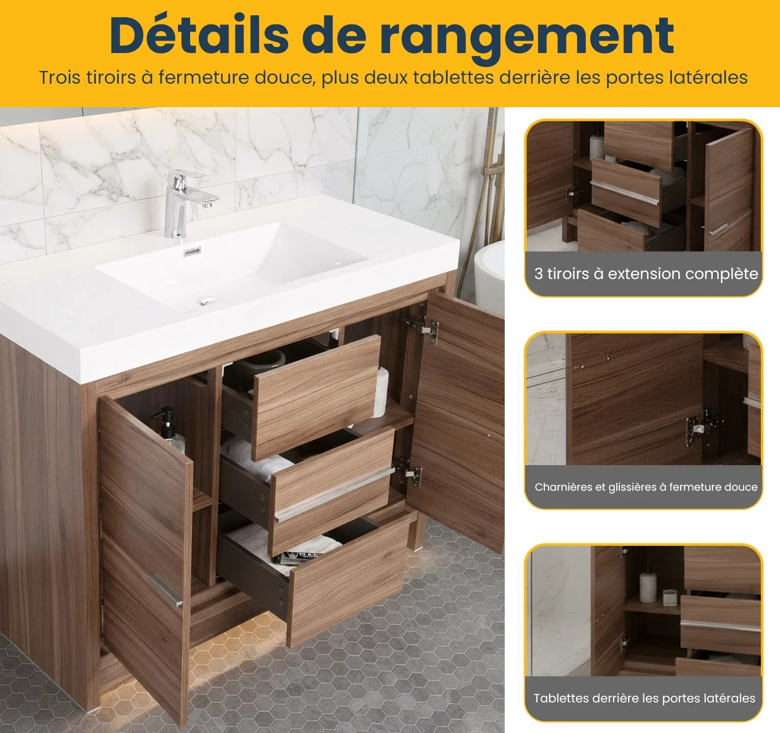 48" Walnut Freestanding Bathroom Vanity with White Polymarble Countertop