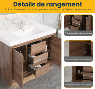 48" Walnut Freestanding Bathroom Vanity with White Polymarble Countertop