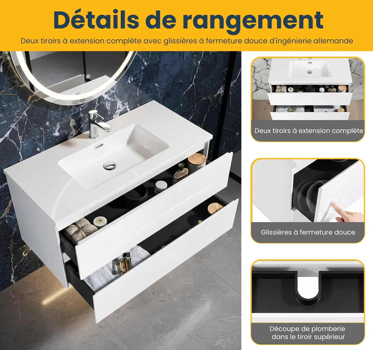 Meuble Lavabo Mural Blanc 40po avec Comptoir en Polymarbre