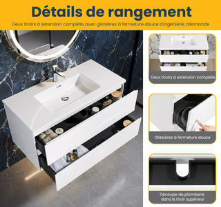 40" White Wall Mount Bathroom Vanity with White Polymarble Countertop