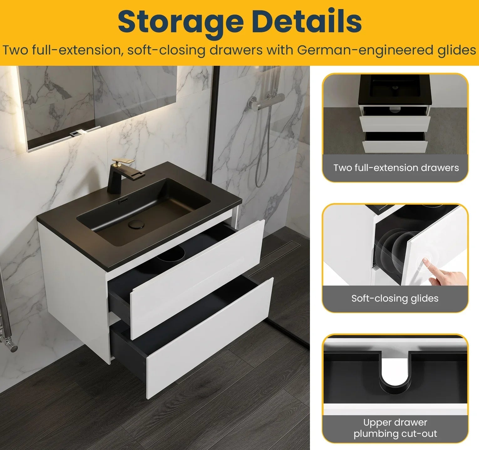 30" White Wall Mount Bathroom Vanity with Black Engineered Quartz Countertop