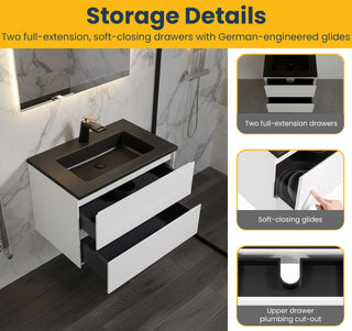 Meuble-lavabo mural blanc 30" pour salle de bain avec Comptoir en quartz noir reconstitué