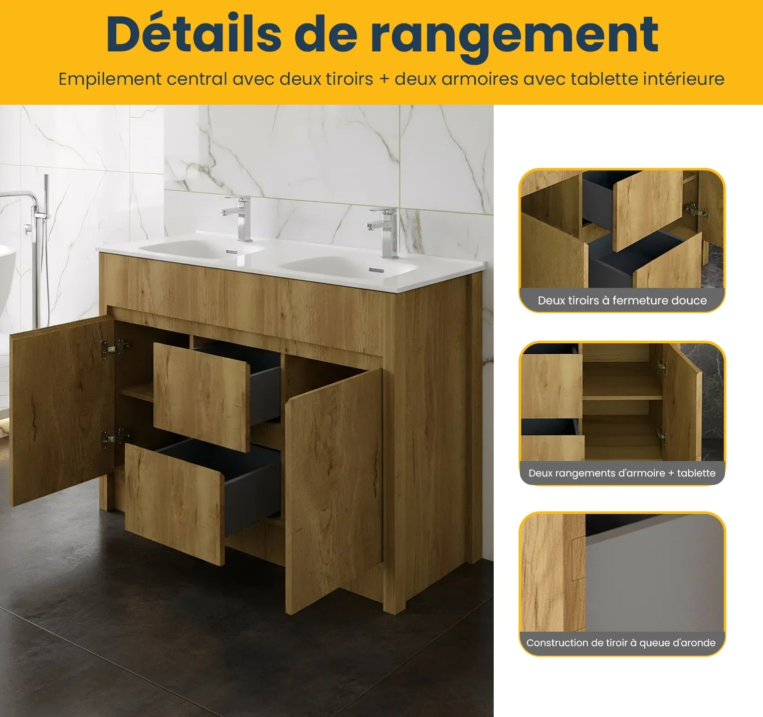 48" Frosted Oak Freestanding Double Sink Bathroom Vanity with White Ceramic Countertop