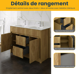 Meuble-Lavabo Autoportant 48po Chêne Givré avec Comptoir de Céramique Blanc