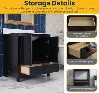 Meuble-lavabo autoportant noir 30" avec Comptoir en marbre Calcutta reconstitué