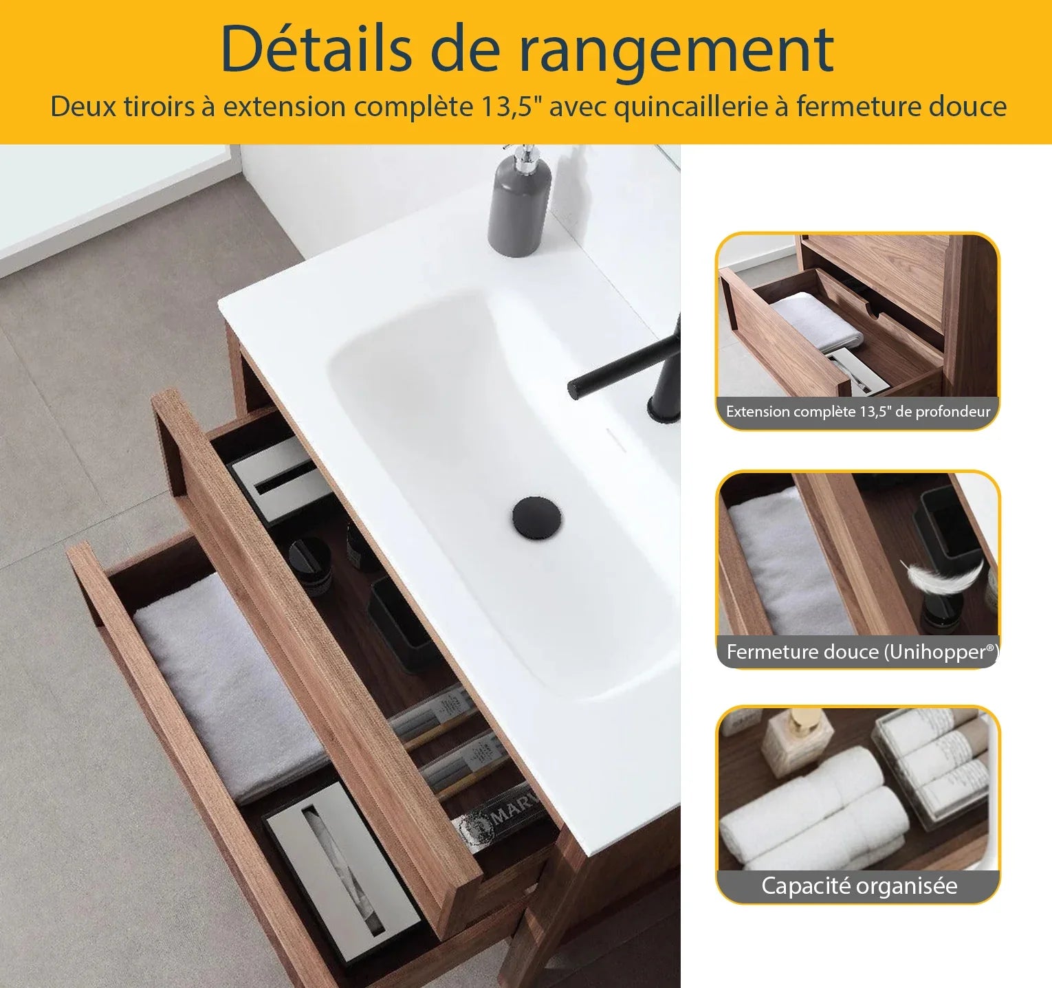 Meuble-Lavabo Autoportant 42po Noyer Naturel avec Comptoir de Surface Solide Blanc