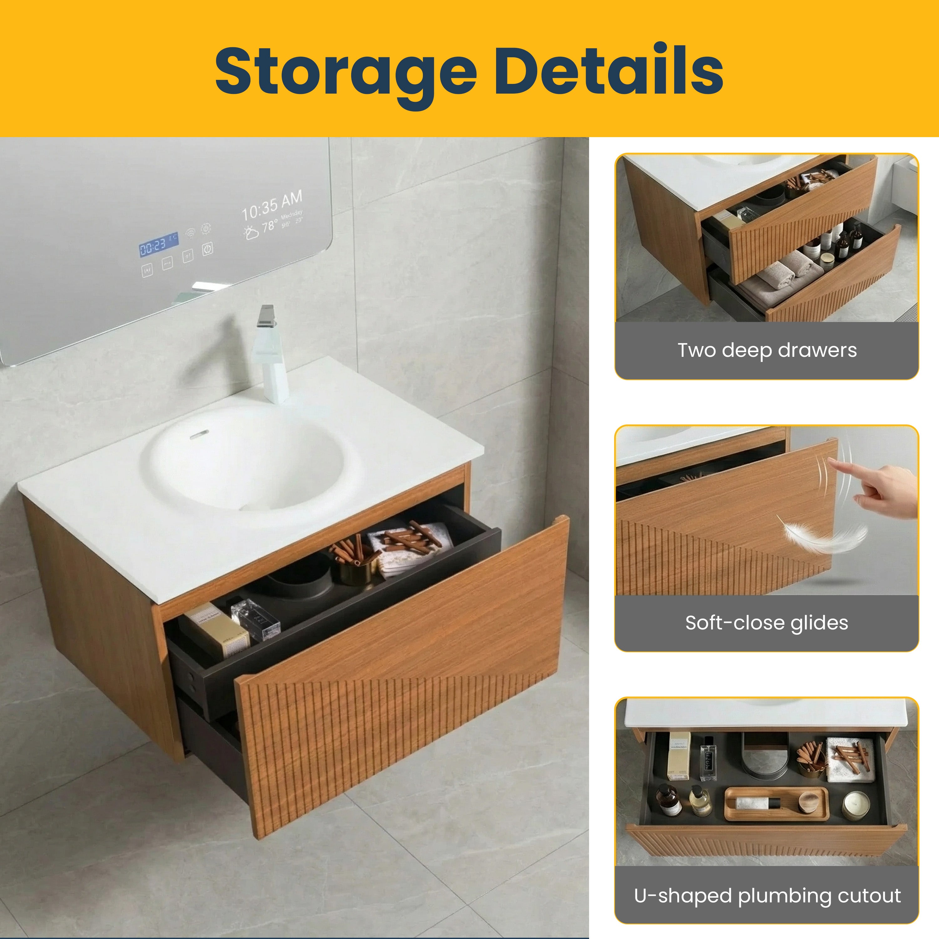 36" Light Oak Wall Mount Bathroom Vanity with White Solid Surface Countertop