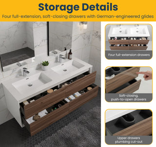 Meuble-lavabo double mural en noyer de 60" avec Comptoir en polymarbre blanc Fleur