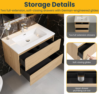 Meuble-Lavabo Mural 24po Chêne Brut avec Comptoir de Polymarbre Blanc