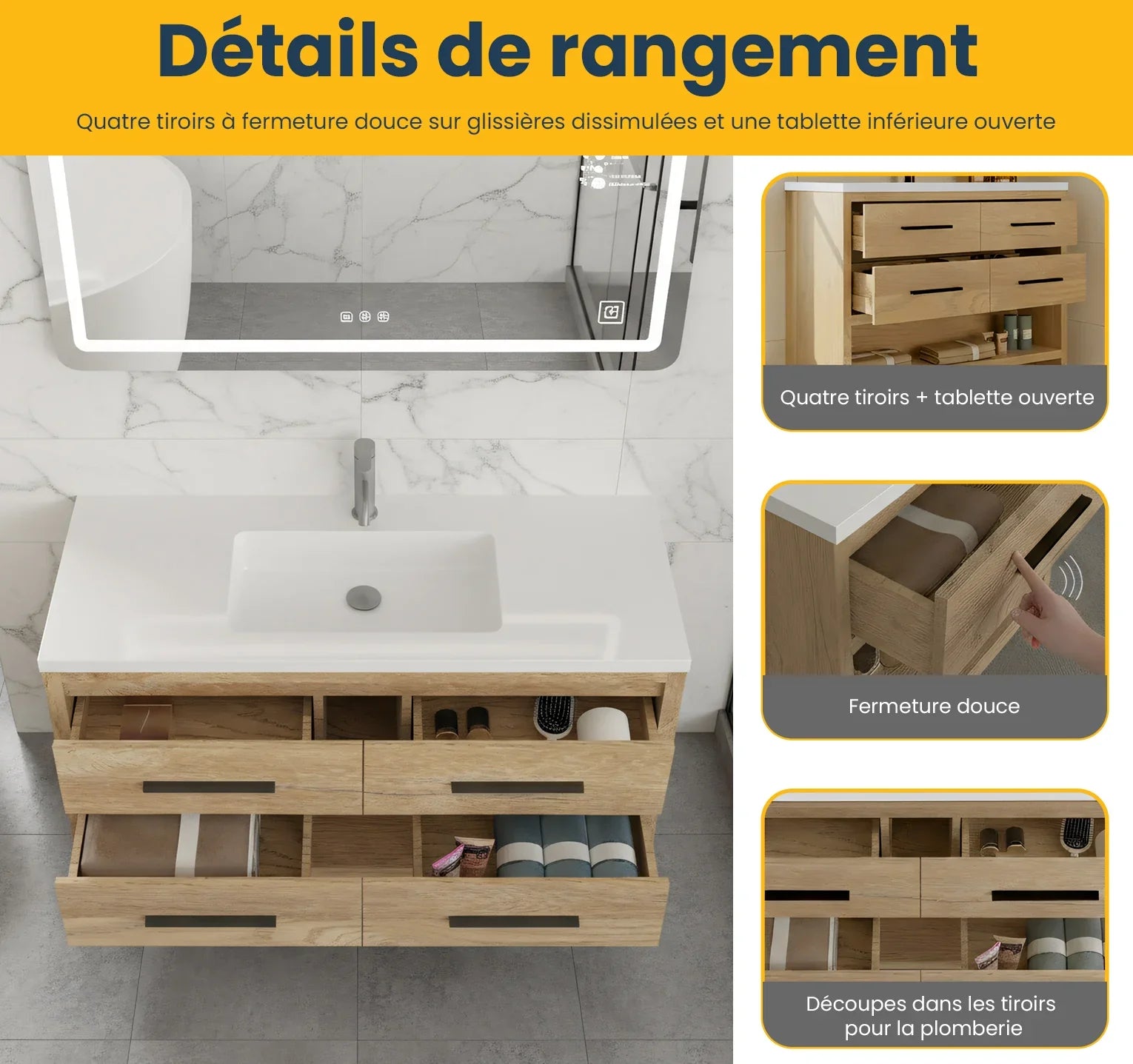 48" Rough Oak Freestanding Bathroom Vanity with White Polymarble Countertop
