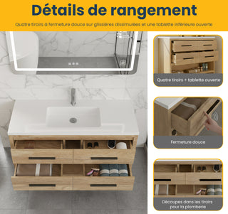 Meuble-lavabo autoportant en chêne brut de 48" avec Comptoir en polymarbre blanc