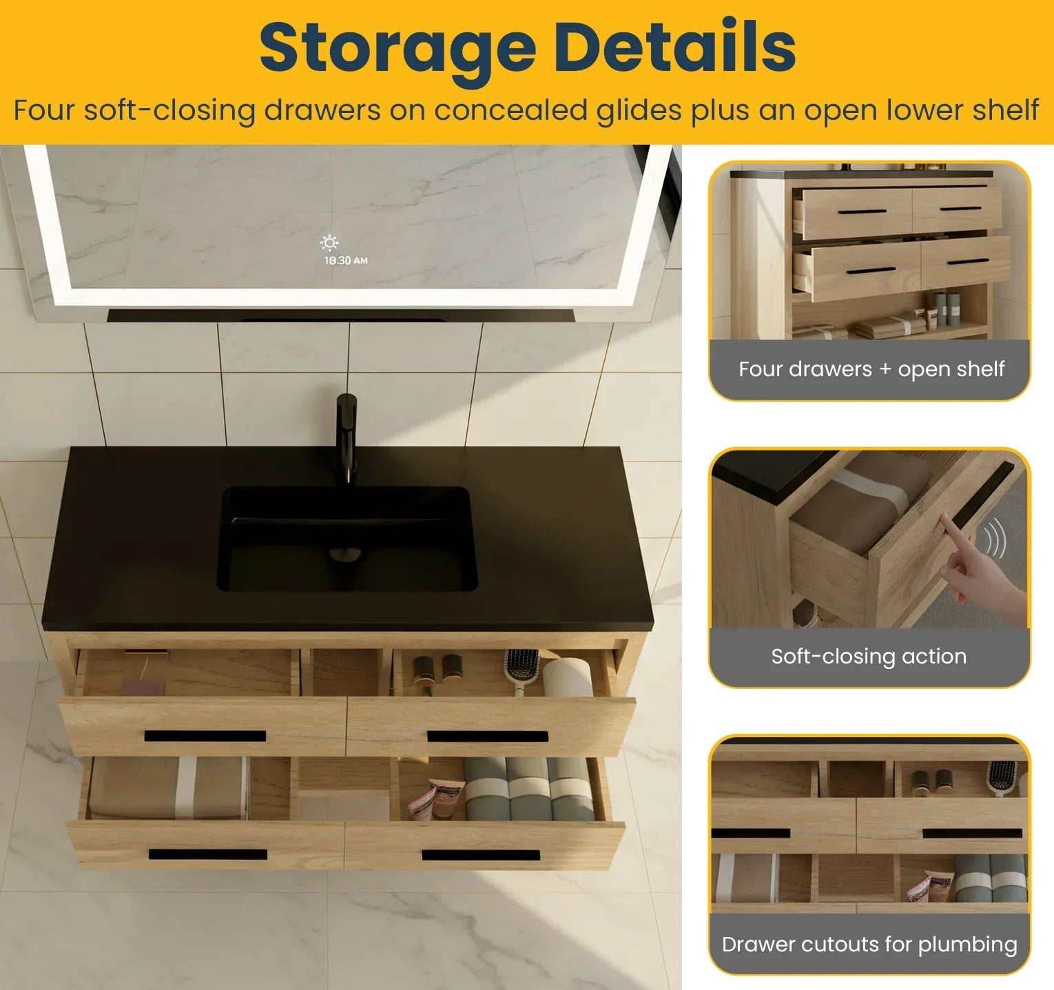 48" Rough Oak Freestanding Bathroom Vanity with Black Engineered Quartz Countertop