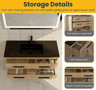 Meuble-lavabo autoportant en chêne brut de 48" avec Comptoir en quartz noir reconstitué