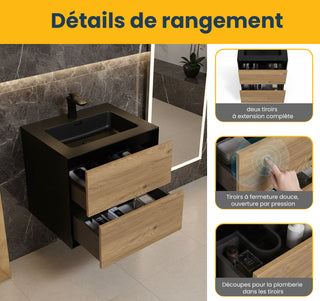 Meuble-Lavabo Mural 24po Noir et Chêne Brut avec Comptoir de Quartz d'ingénierie Noir 