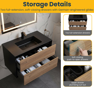 Meuble-Lavabo Mural 36po Noir et Chêne Brut avec Comptoir de Quartz d'ingénierie Noir