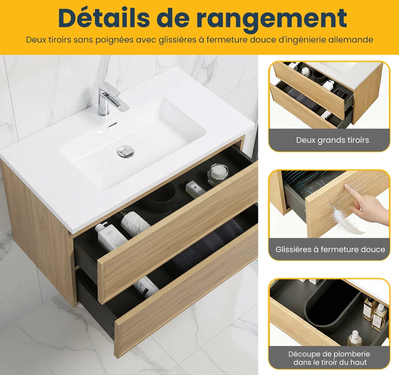 Meuble Lavabo Flottant 36po Noyer Couchant avec Comptoir Polymarbre Blanc - Collection Luxe