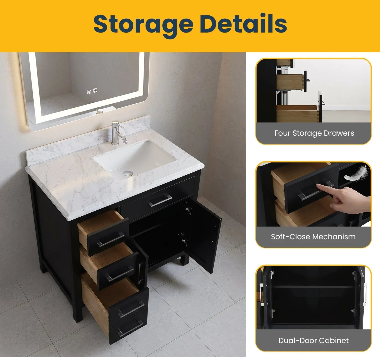 Meuble Lavabo Autoportant Noir 36po avec Comptoir en Marbre Carrera