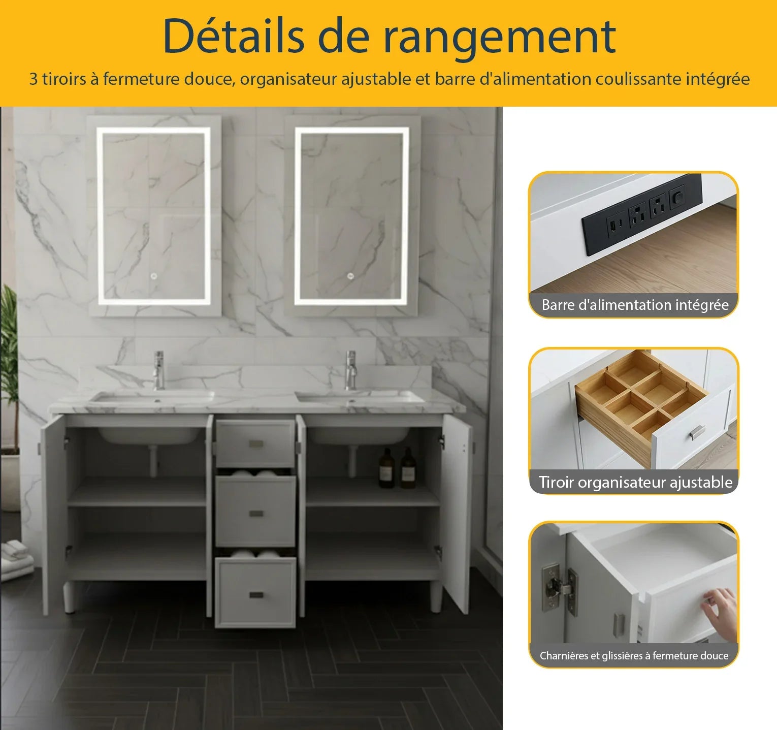 Meuble Lavabo Autoportant 60po Hampton Gris Double Vasque avec Comptoir Marbre Calcutta