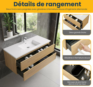 Meuble-Lavabo Mural 48po Noyer Couchant avec Comptoir de Polymarbre Blanc