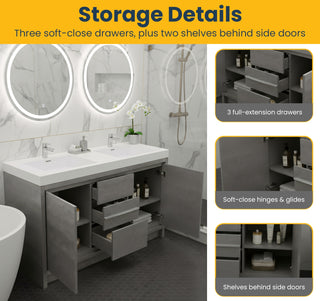 60" Cement Freestanding Double Sink Bathroom Vanity with White Polymarble Countertop