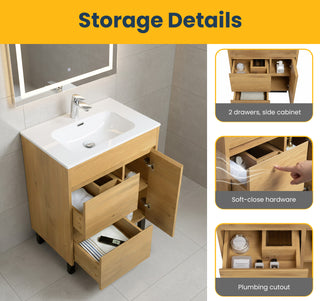 30" Frosted Oak Freestanding Bathroom Vanity with White Ceramic Countertop