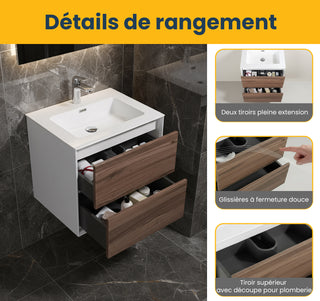 24" Walnut Wall Mount Vanity with White Polymarble Countertop