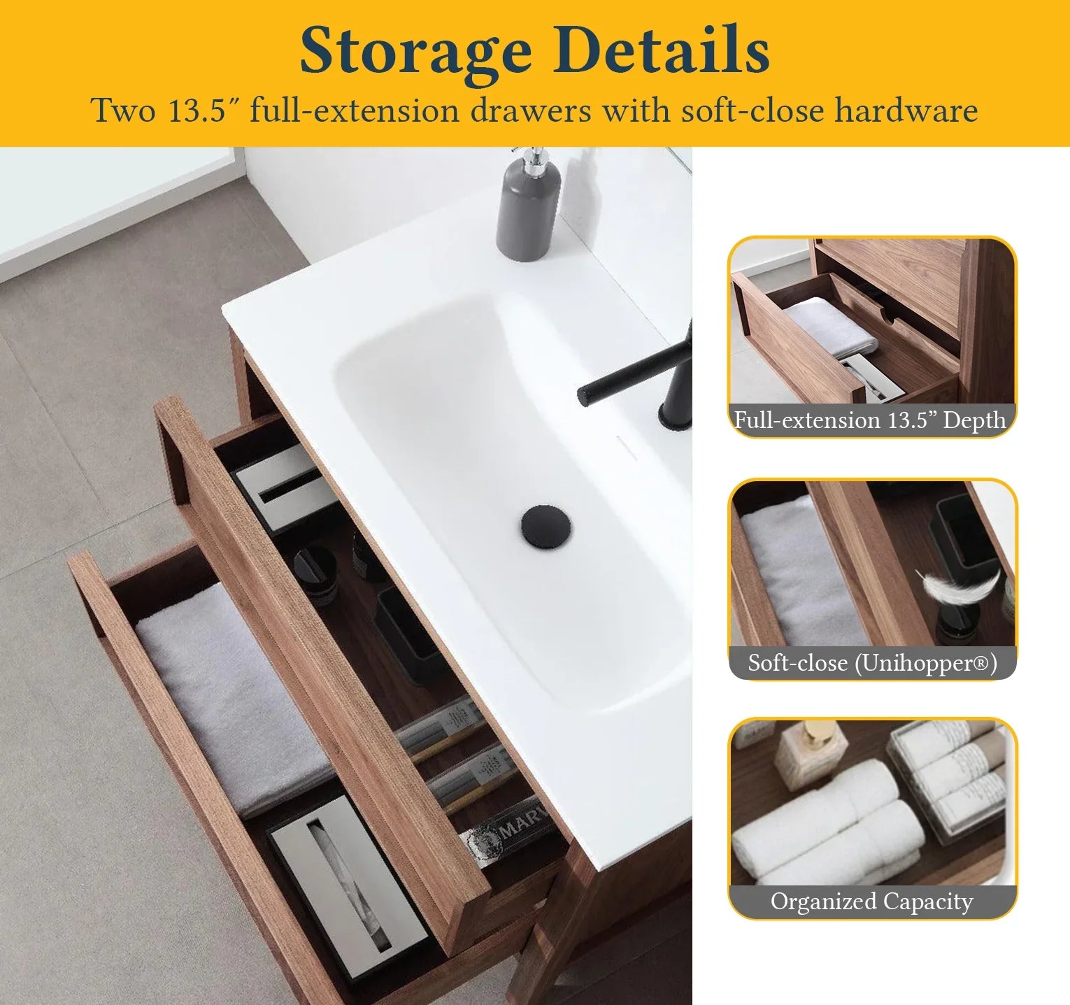 Meuble-Lavabo Autoportant 42po Noyer Naturel avec Comptoir de Surface Solide Blanc