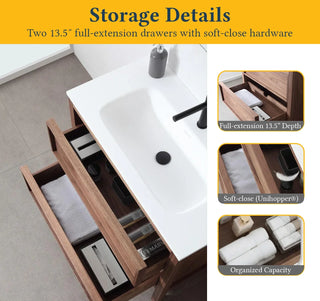 42" Natural Walnut Freestanding Bathroom Vanity with White Solid Surface Countertop