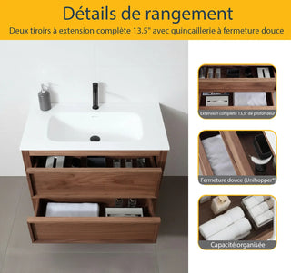 36" Natural Walnut Freestanding Bathroom Vanity with White Solid Surface Countertop