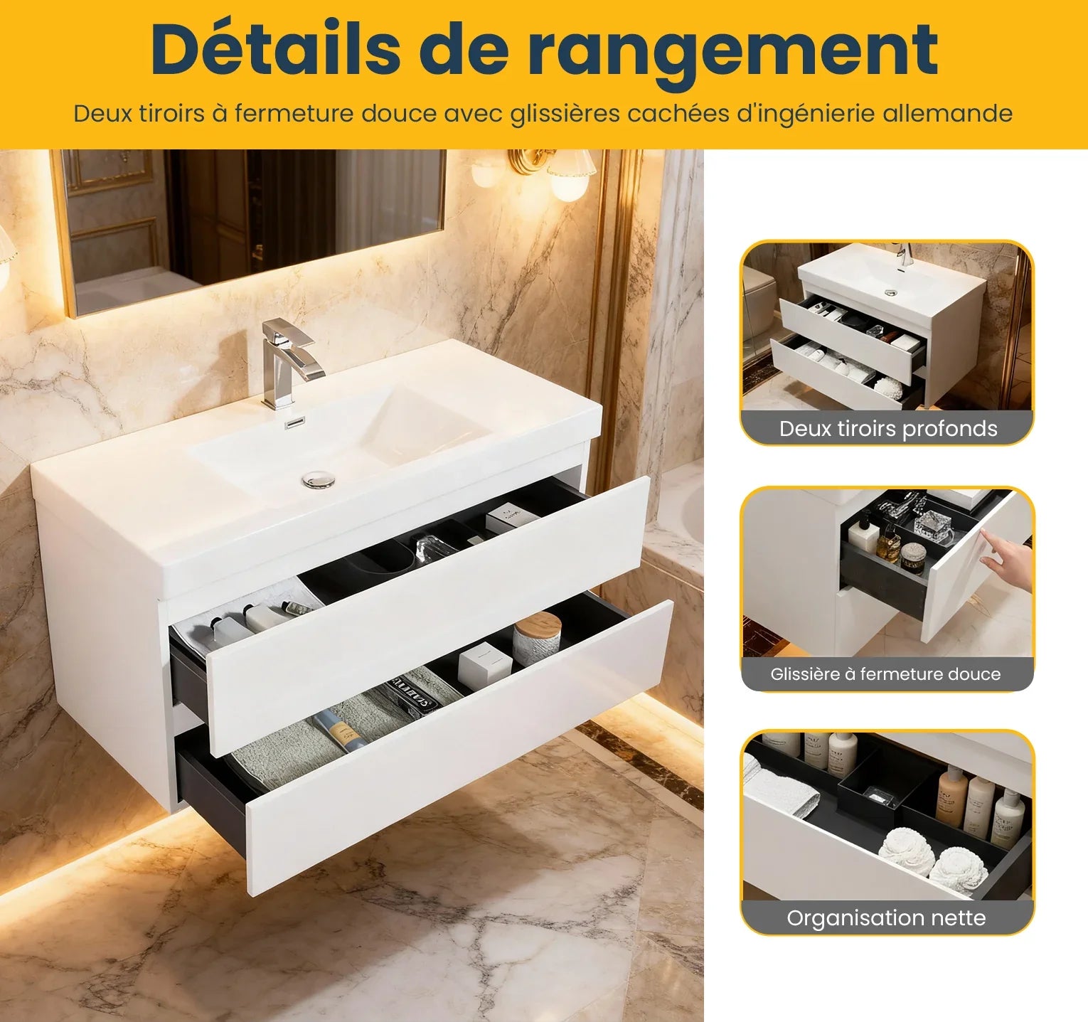 42" Glossy White Wall Mount Bathroom Vanity with White Polymarble Countertop