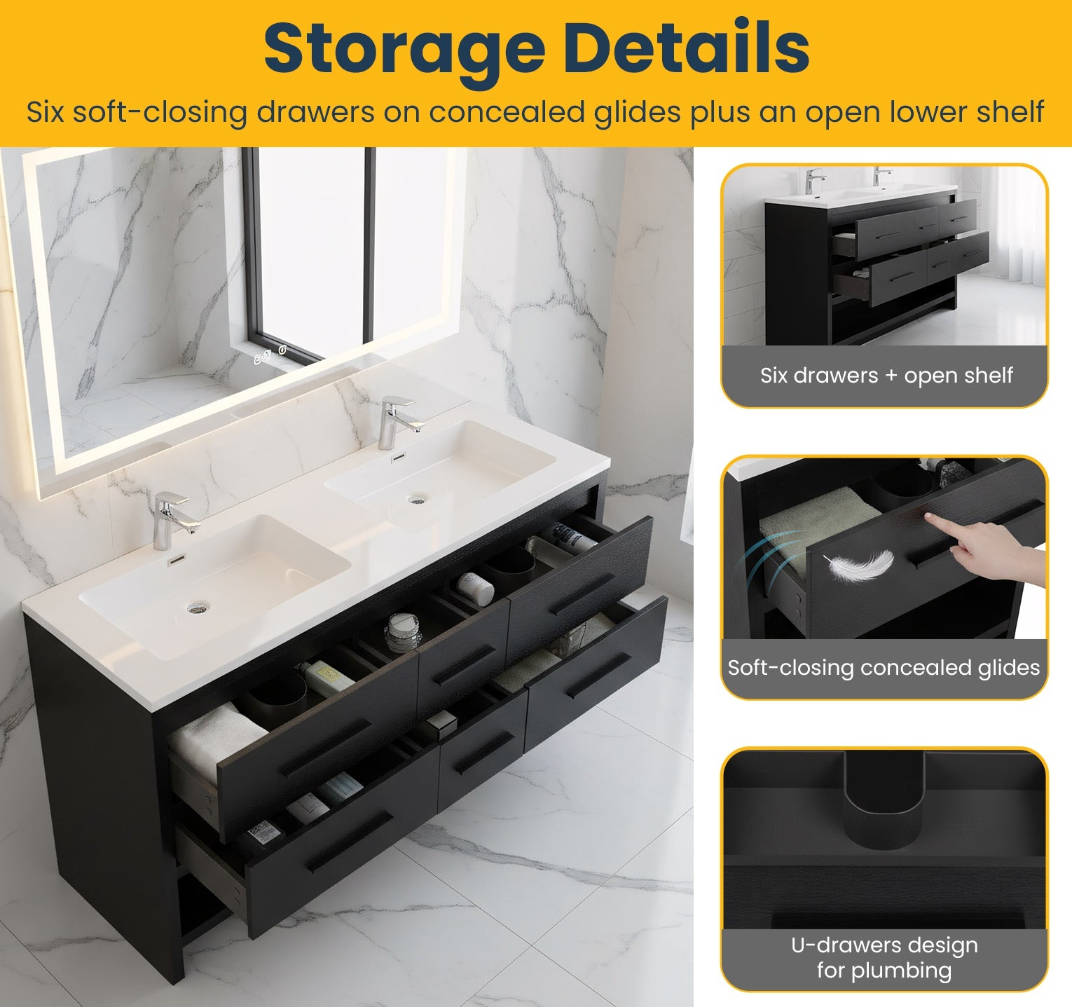 72" Black Rough Oak Freestanding Double Sink Bathroom Vanity with White Polymarble Countertop