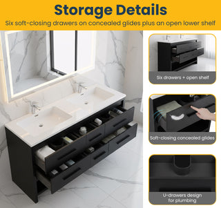 72" Black Rough Oak Freestanding Double Sink Bathroom Vanity with White Polymarble Countertop