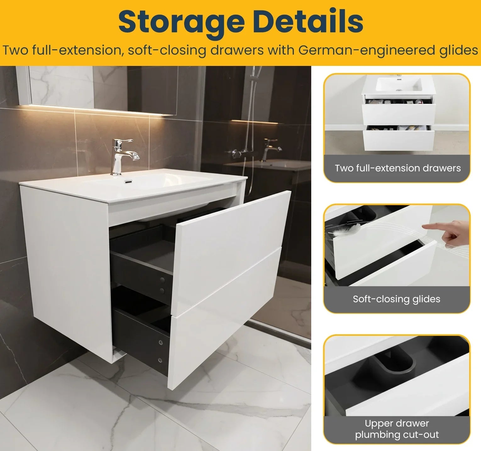 30" White Wall Mount Vanity with White Polymarble Countertop